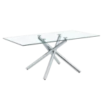 Large Modern Minimalist Rectangular Glass Dining Table for 6-8 with 0.39" Tempered Glass Tabletop and Silver Chrome Metal Legs, for Kitchen Dining Living Meeting Room Banquet hall, 71''x39''x29''1537