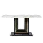 Dining table. White imitation marble pattern desktop. Black MDF table legs with gold lines and black base. Suitable for kitchen living roomF-SQ