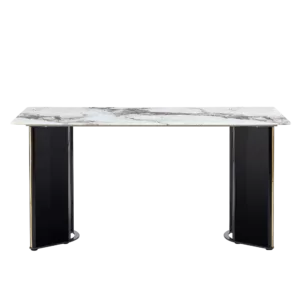 Modern minimalist rectangular dining table, white imitation marble tabletop, MDF table legs with gold metal decorative strips. Suitable for restaurant and living room F-HH
