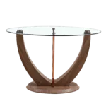 A modern minimalist circular tempered glass dining table with a diameter of 48 inches. Glass desktop+MDF wood texture table legs and base. 48 * 48 '' * 30 ''