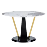 A modern minimalist circular Pandora style table with sintered stone table top paired with black MDF legs