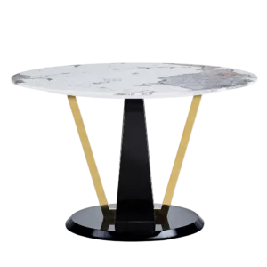 A modern minimalist circular Pandora style table with sintered stone table top paired with black MDF legs