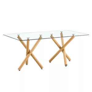 Large Modern Minimalist Rectangular Glass Dining Table with Tempered Glass Tabletop and Wood Color Metal Legs for Kitchen, Dining, Living, Meeting Room and Banquet hall