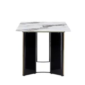 Modern minimalist rectangular dining table with white imitation marble tabletop and MDF table legs having gold metal decorative strips