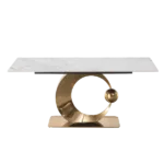 71-Inch Stone DiningTable with Carrara White color and Round special shape stainless steel Gold Pedestal Base