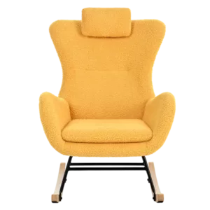 Metal Frame Teddy Fabric Yellow Rocking Chair of Wooden Legs Ideal for Living Room & Bedroom