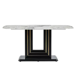 Modern White Rectangular 63 Inches Marble Dining Table with Black Pedestal Base For Dining Room