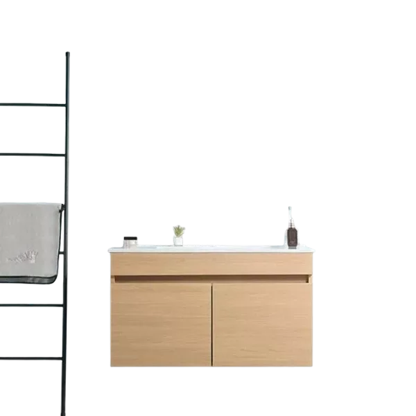Light Oak Wall Mounted 36"W  Bathroom Vanity with 28"H x 36"W LED Vanity Mirror and White Ceramic Sink