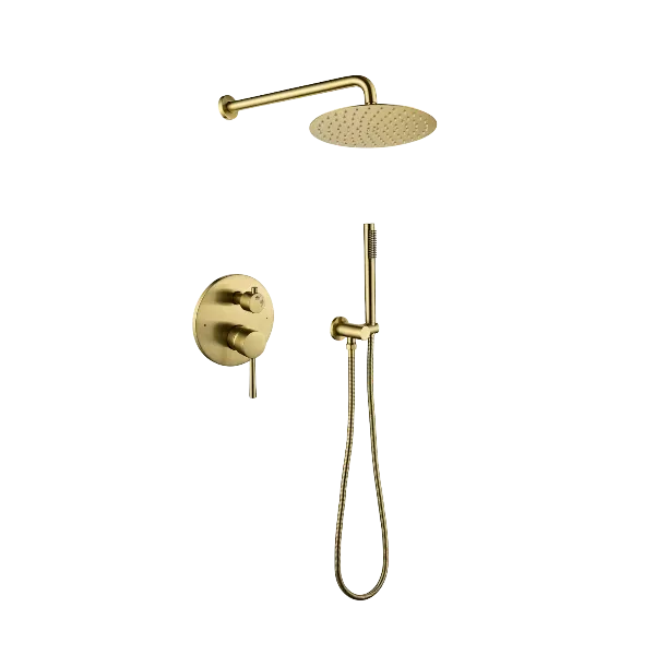 Wall Mounted T Shower with High Pressure 10" Stainless Steel Rain Shower head and Handheld Shower in Brushed Gold