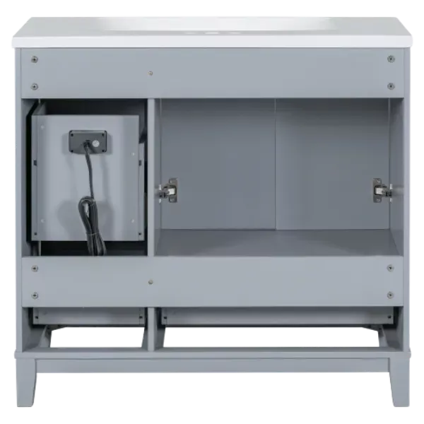 36’’W Modern Gray Bathroom Vanity with USB Charging,2-Cabinet Doors,3-Drawers and White Ceramic Sink