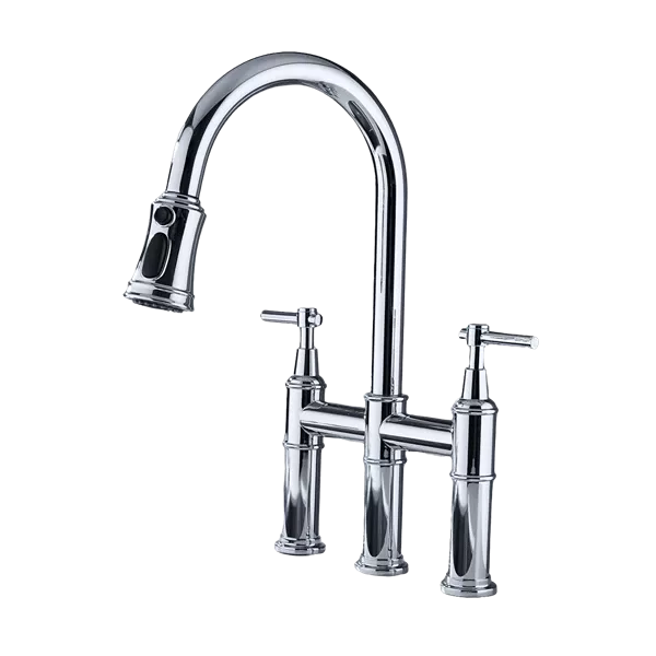 Bridge Double Handle Brass Gooseneck Pull Down Sprayer Kitchen Faucet in Chrome