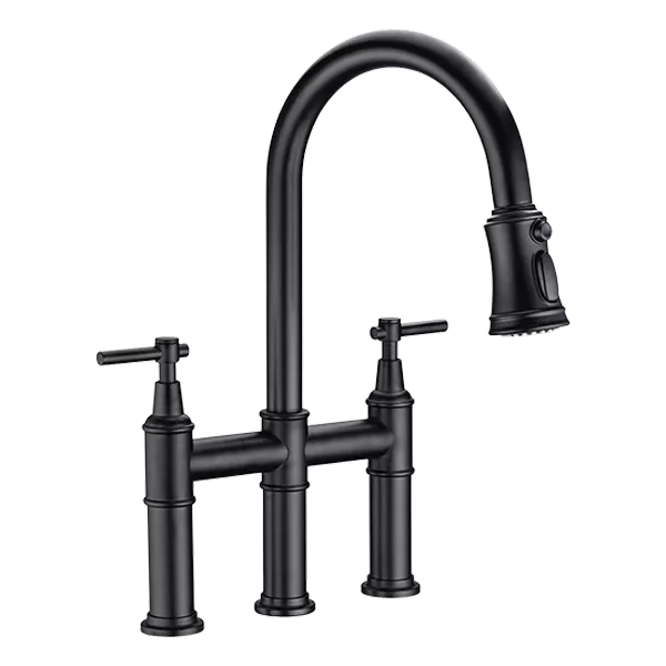 Two Handle Kitchen Faucet with Matte Black Finish and Pull Down Spray Head