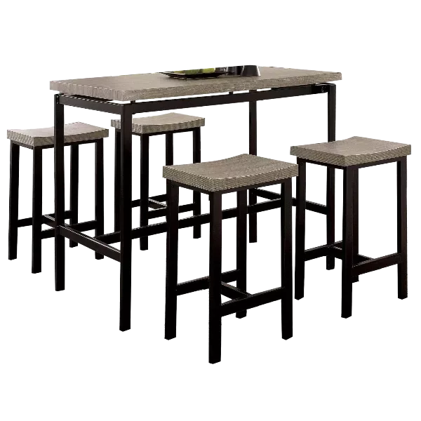 Modern Black Gray 5Pc Dining Set Rectangular Metal Construction PVC Plastic Top Table 4 Two Tone Design Black Gray Dining Chairs Dining Room