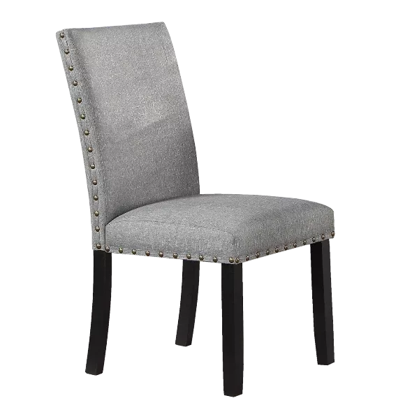 Modern Grey Fabric Set of 2 Solid Wood Chairs With Plush Cushions, Nail Head Trim For Dining Room