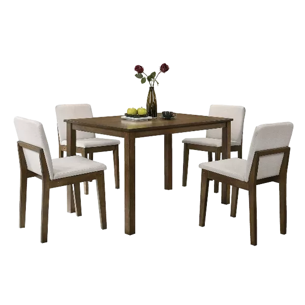 Modern Dark Walnut 5pc Dining Set Rectangular Table With 4 Beige Fabric Chairs For Dining Room