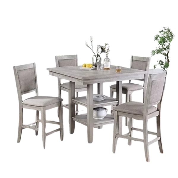 Modern Natural 5pc Dining Set Square Table With Shelves And 4 Wooden Upholstery Cushion Chairs For Dining Room