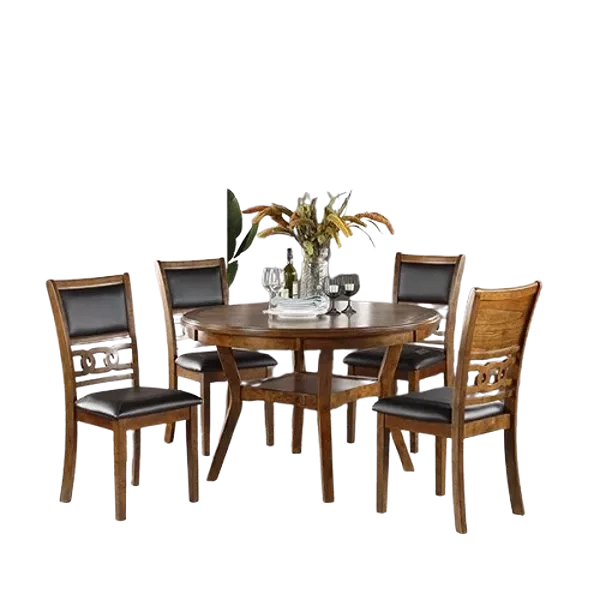Modern Walnut Finish 5pc Dining Set Round Table With 4 Rubberwood Chairs For Dining Room