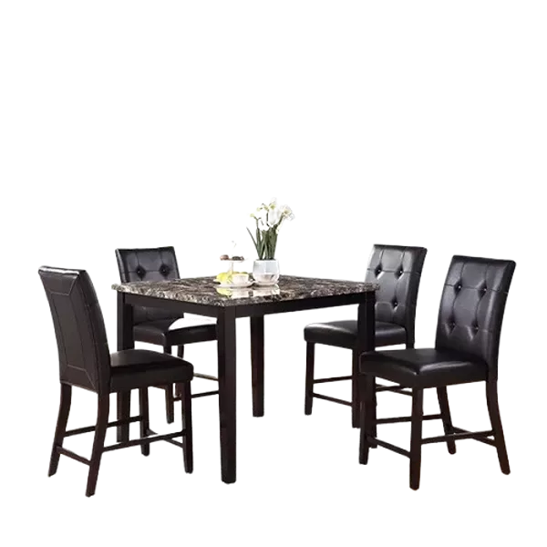 Modern Brown Finish 5pc Dining Set SquareTable With Faux Marble Table Top And 4 Cushions Chairs For Dining Room