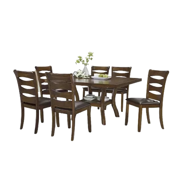 Modern Brown 7pc Dining Set Rectangular Table With Self-Storing Extension Leaf and 6 Upholstered Chairs For Dining Room