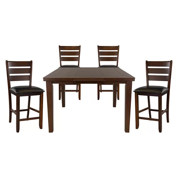 Modern Dark Oak Finish 5pc Dining Set Rectangular Table With Self-Storing Extension Leaf and 4 Upholstered Chairs For Dining Room