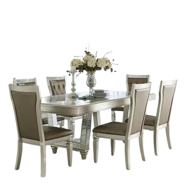 Modern Champagne Finish 7pc Dining Set Rectangular Table With Leaf Glass Insert Top 6 Side Chairs For Dining Room