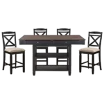 Modern Black 5pc Dining Set Rectangular Table Display Shelves Drawers And 4 Upholstered Chairs For Dining Room