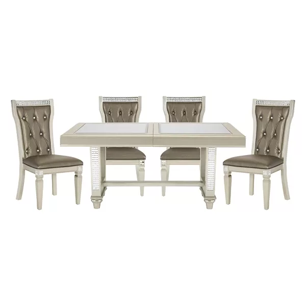 Modern Champagne Finish 5pc Dining Set Rectangular Table With Leaf Glass 4 Side Chairs For Dining Room