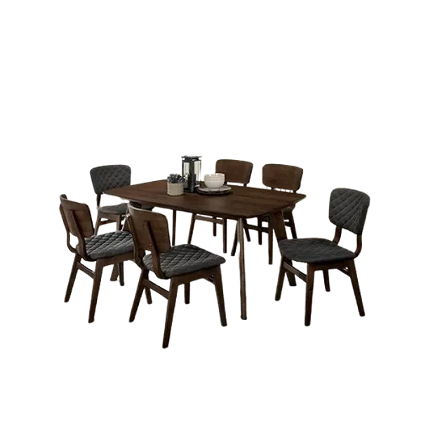 Modern Walnut Finish 7pc Dining Set Rectangular Dining Table of Solid Wood With 6 Padded Seat Chairs For Dining Room