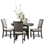 Modern Black Finish 5pc Dining Set Round Table With Built-in Shelf and  4 Fabric Upholstered Chairs For Dining Room