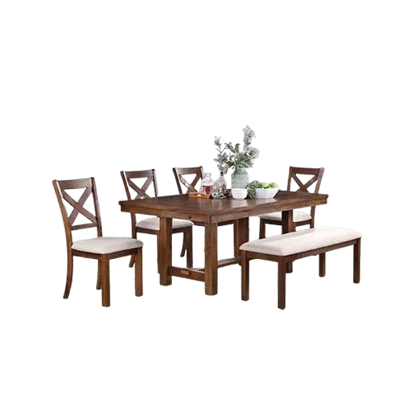 Modern Natural Brown Finish 6pc Dining Set Rectangular Table With 4 Chairs And 1 Bench of Solid Wood For Dining Room
