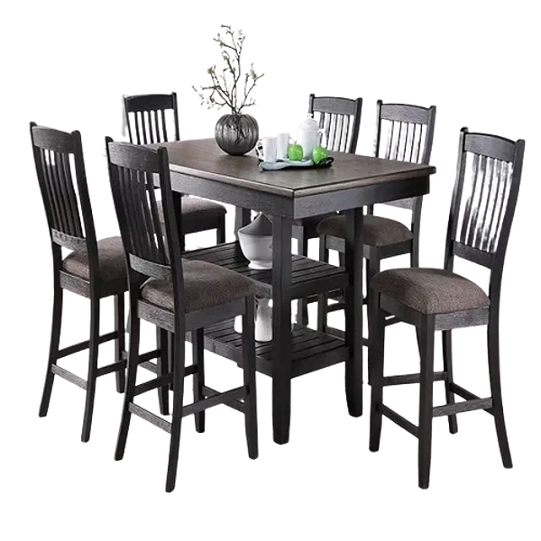 Modern Dark Coffee 7pc Dining Set Rectangular Table with 2  Shelfs and 6 Fabric Upholstered Chairs For Dining Room