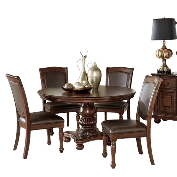 Modern Brown Cherry 5pc Dining Set Rectangular Pedestal Base Table and 4 Chairs of Faux Leather For Dining Room