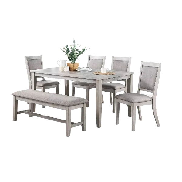 Modern Gray 6pc Dining Set Rectangular Table With 4 Cushion Seats Chairs And Bench For Dining Room