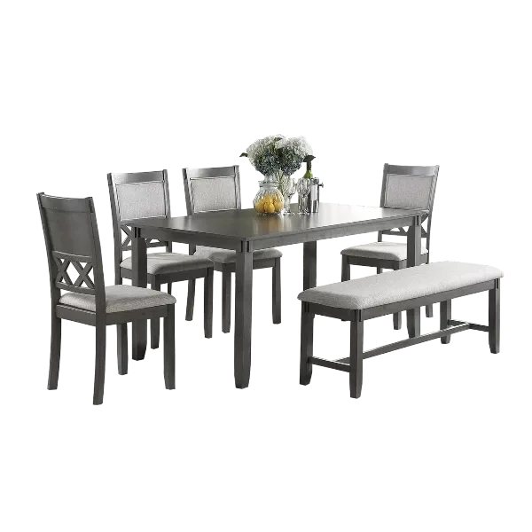 Modern Gray 6pc Dining Set Rectangular Table With 4 Upholstered Chairs and A Bench of Solid Wood For Dining Room