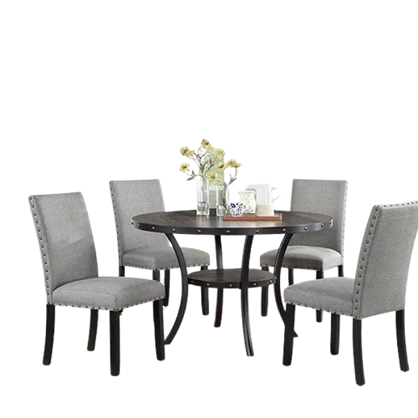Modern Classic 5pc Dining Set Rectangular Table With Storage Shelve And 4 Gray Fabric Nail heads Trim Chairs For Dining Room