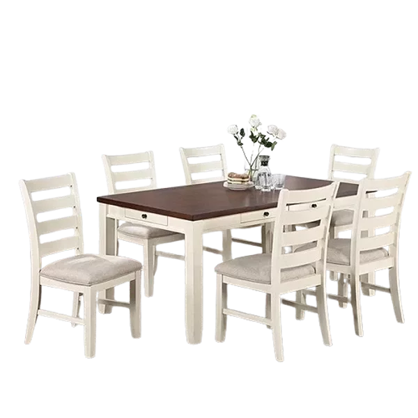Modern White 7pc Dining Set Rectangular Table With Drawers 6 Side Chairs of Rubberwood For Dining Room