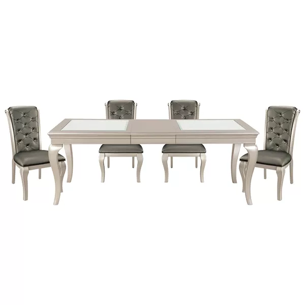 Modern Silver 5pc Dining Set Rectangular Table with Extension Leaf and 4 Side Chairs Crystal Button-Tufted For Dining Room
