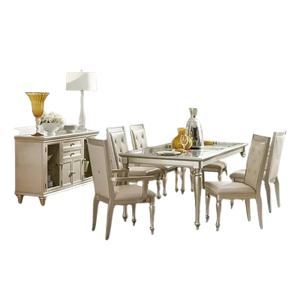 Modern Silver 7pc Dining Set Rectangular Table With 2 Armchairs and 4 Side Chairs Crystal Button-Tufted Cushion Seat For Dining Room