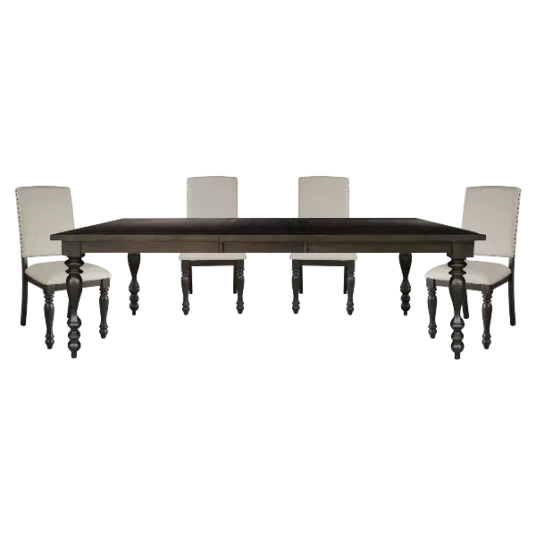 Modern Brown 5 Piece Dining Set Rectangular Wooden Table With 4 Beige Upholstered Chairs of  Nail head Trim For Dining Room