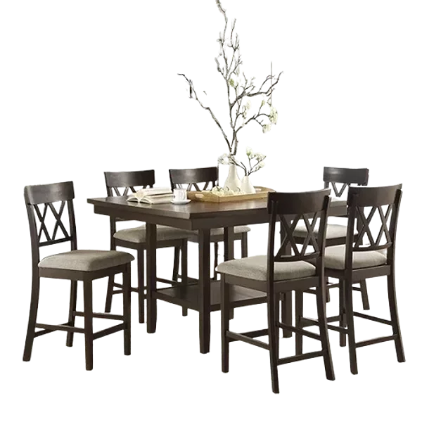 Modern Dark Brown 7 Piece Dining Set Rectangular Table of Lower Display Shelf With 6 Upholstery Chair For Dining Room