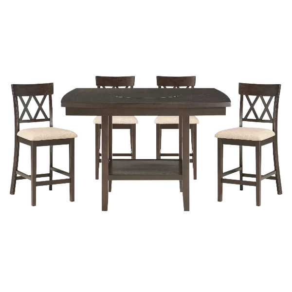 Modern Dark Brown 5 Piece Dining Set Rectangular Dining Table of Lower Display Shelf and 4 Chair of Faux leather For Dining Room
