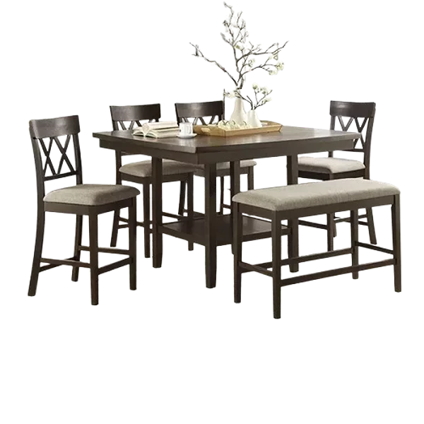Modern Dark Brown 5 Piece Dining Set Rectangular Dining Table of Lower Display Shelf and 4 Chair 1 Bench of Faux leather For Dining Room