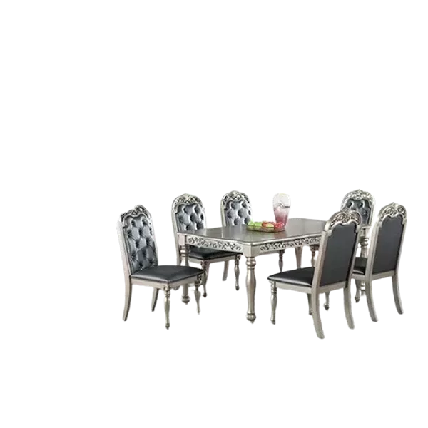 Traditional Formal Silver / Grey Finish 7pc Dining Set Table w 6x Side Chairs Rubber wood Intricate Design Tufted back Cushion Seat Dining Room Furniture
