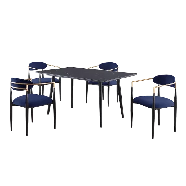 Modern 5pc Rectangular Dining Set Black Sintered Stone Table and 4 Blue Fabric Chairs For Dining Room