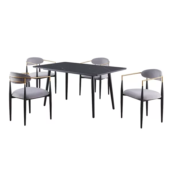 Modern 5pc Rectangular Dining Set Black Sintered Stone Table and 4 Gray Fabric Chairs For Dining Room