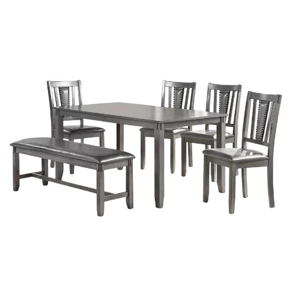 Modern Gray Rectangular 6pc Set Dining Table With 4x Side Chairs and A Bench of Solid wood For Dining Room