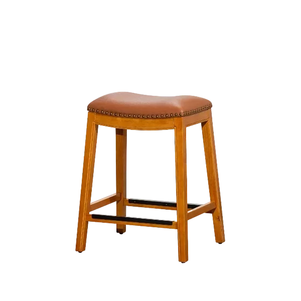 Modern Natural Wood Solid Wood Stool with Saddle Leather Seat For Dining Room
