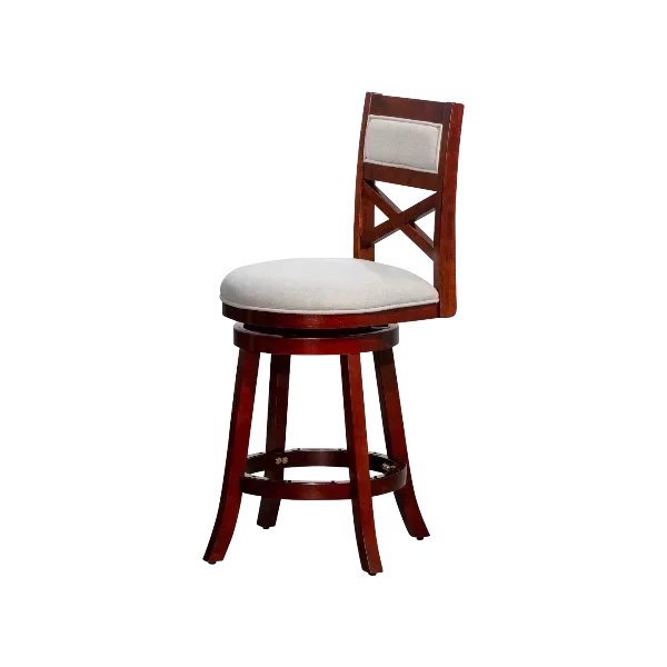 Modern Cherry Finish Solid Wood X-Back Stool with Beige Fabric Seat For Dining Room