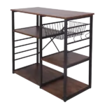 Wood and Metal Bakers Rack with 4 Shelves and Wire Basket, Brown and Black