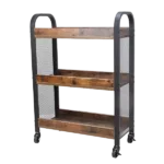 3 Tier Wood and Metal Kitchen Cart with Mesh Side Panel, Brown and Black